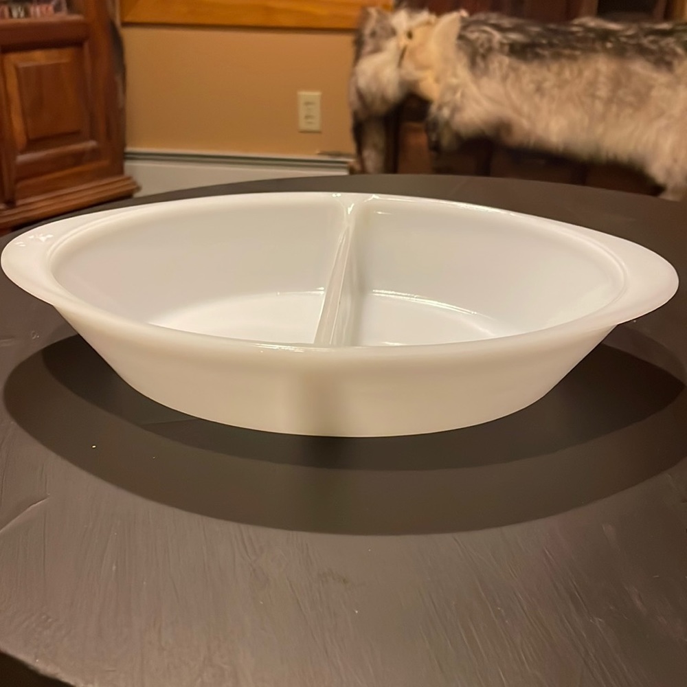 Glasbake milk‎ glass divided dish